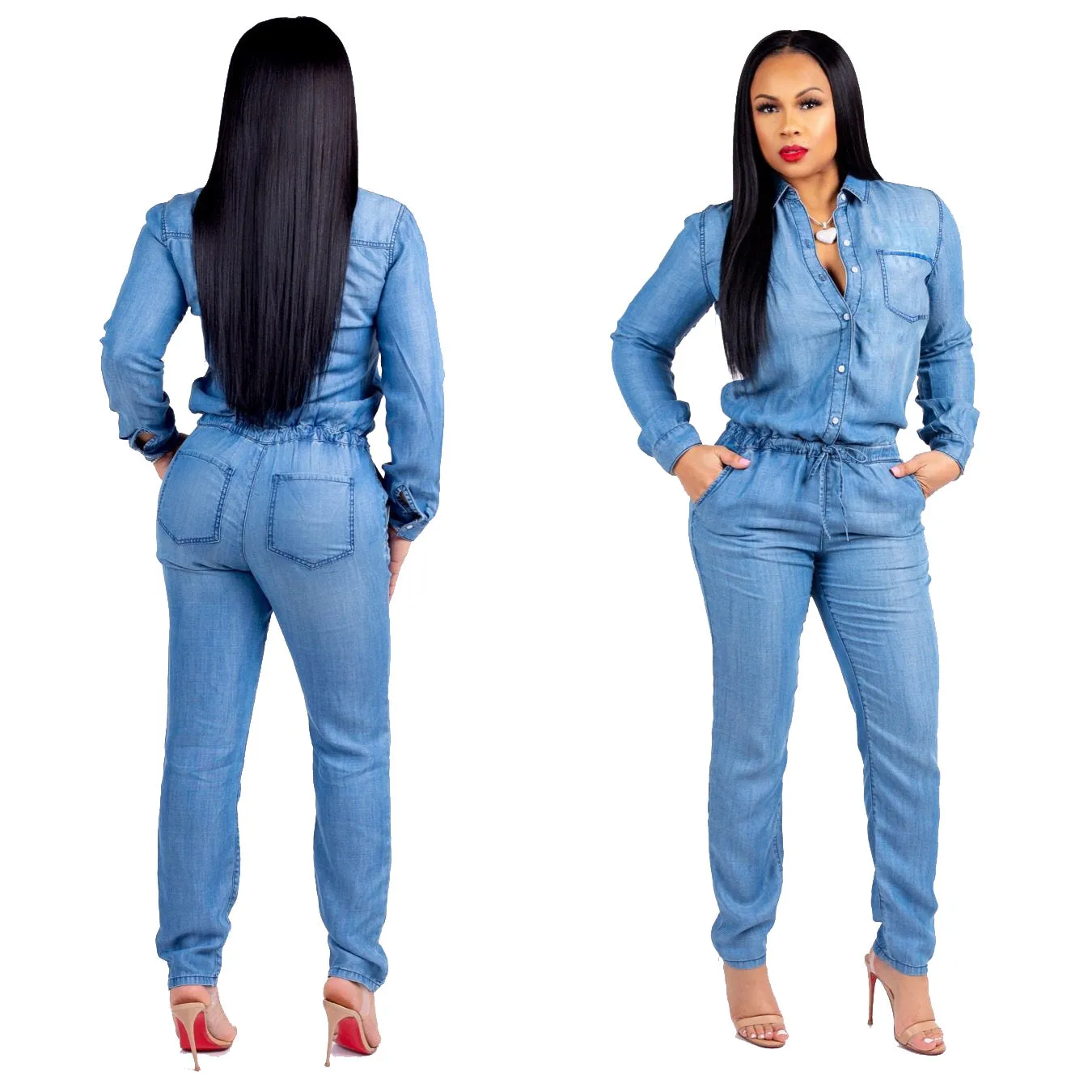 Denim Fashion Tie Jeans Women's Slim Fit Casual Jumpsuit