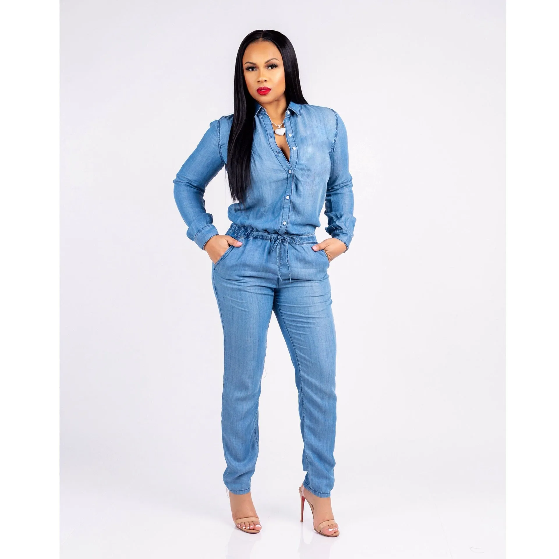 Denim Fashion Tie Jeans Women's Slim Fit Casual Jumpsuit