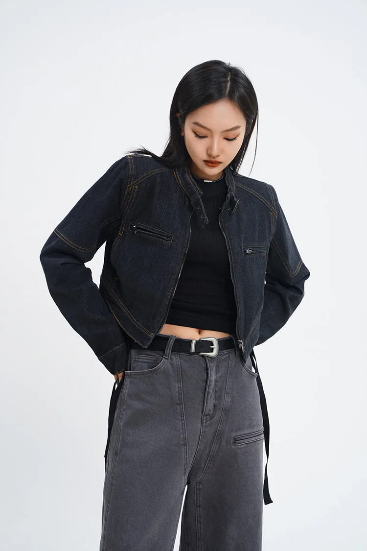 Detailed Stitch Cropped Denim Jacket