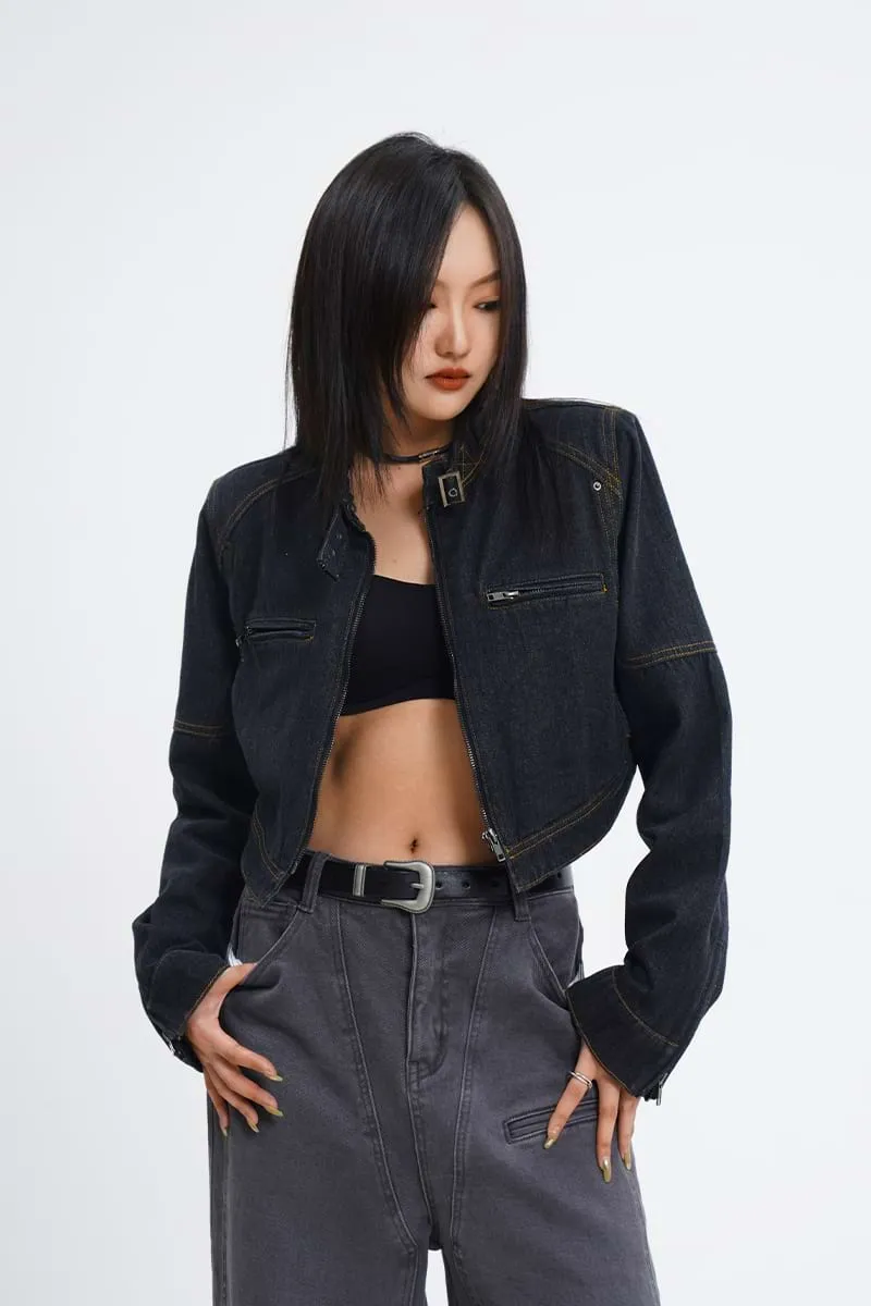 Detailed Stitch Cropped Denim Jacket