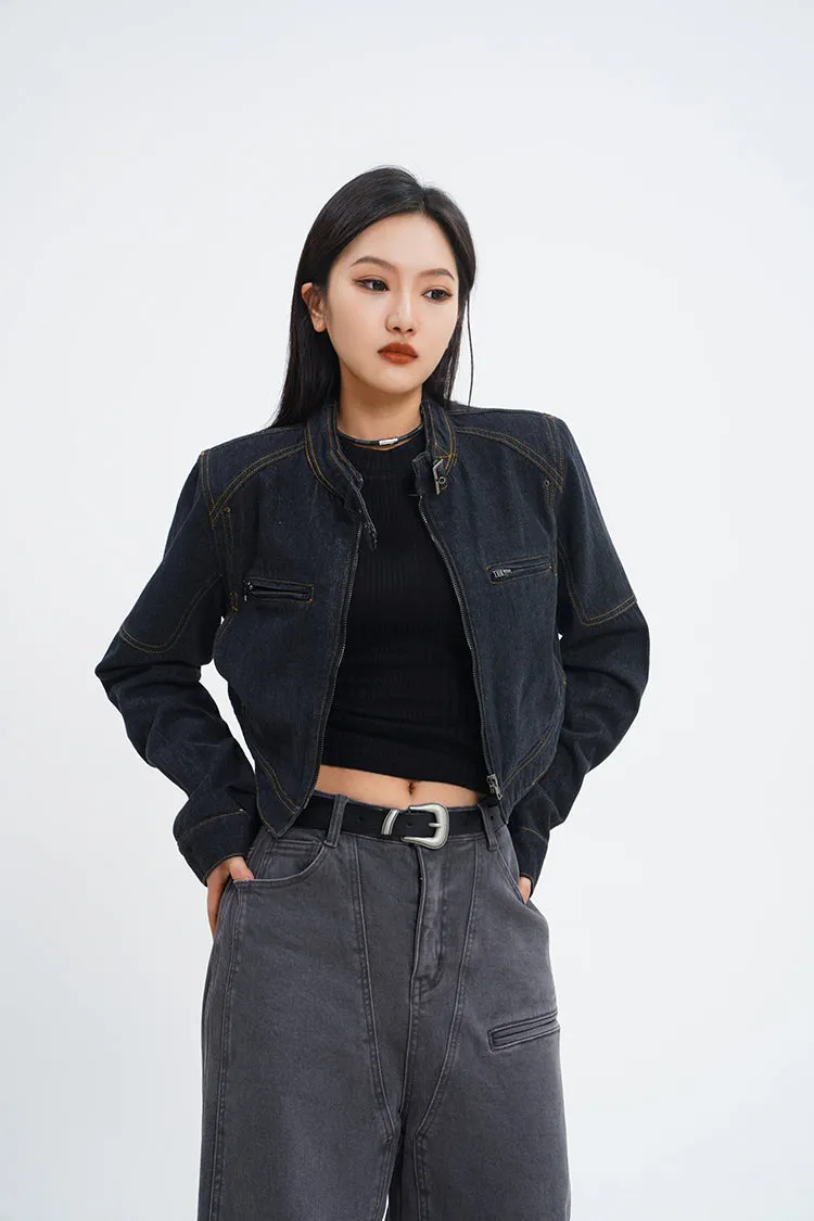 Detailed Stitch Cropped Denim Jacket