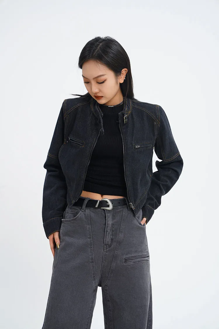 Detailed Stitch Cropped Denim Jacket