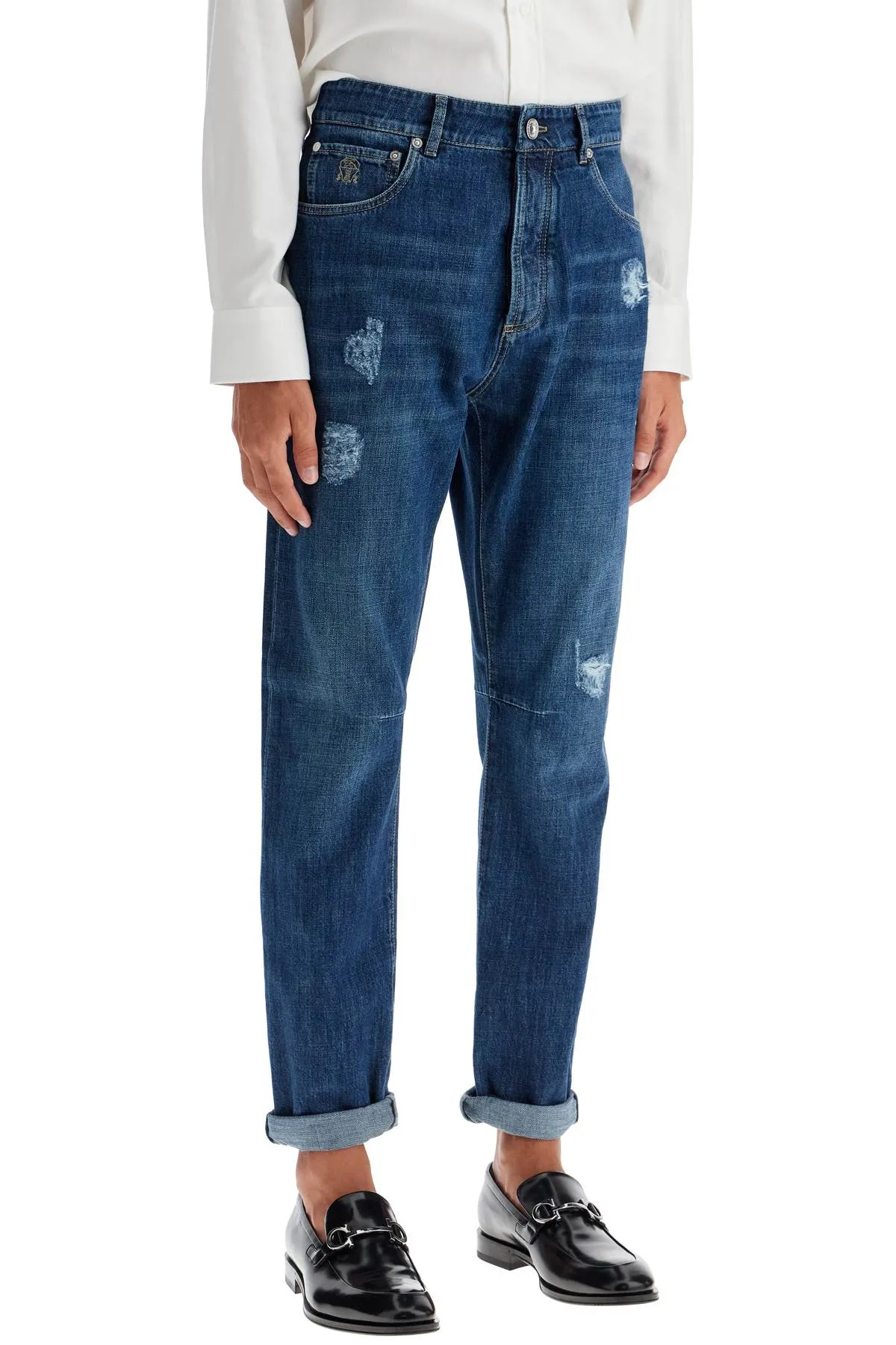 distressed denim leisure fit jeans for