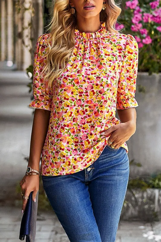 Ditsy Floral Ruffled Neck Blouse