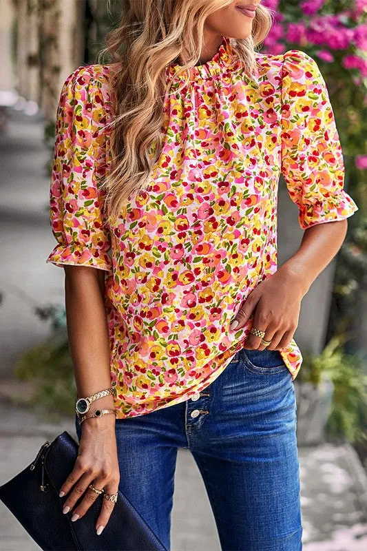 Ditsy Floral Ruffled Neck Blouse
