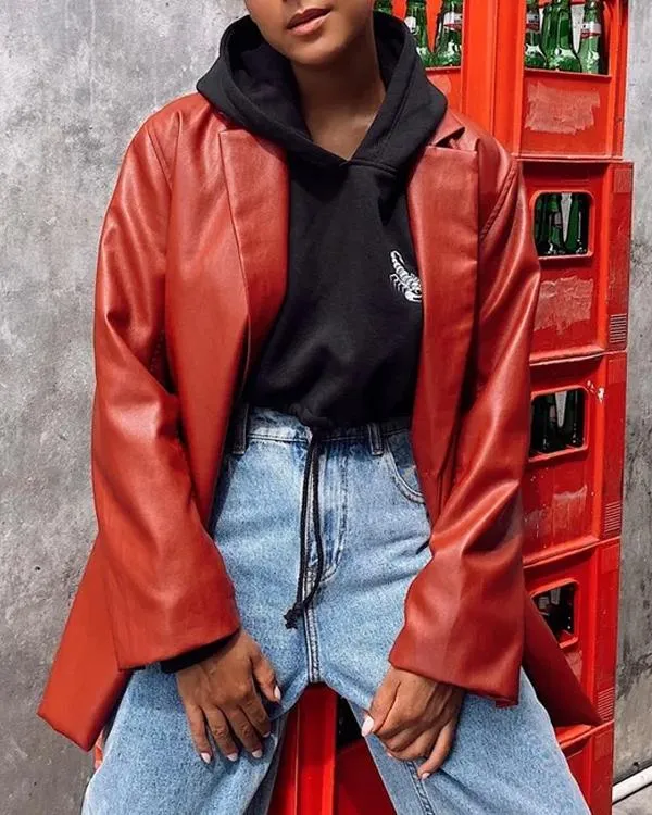 Dunnmall PU Leather Shirt Collar Jacket