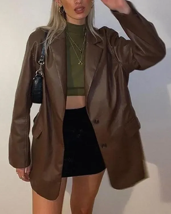 Dunnmall PU Leather Shirt Collar Jacket
