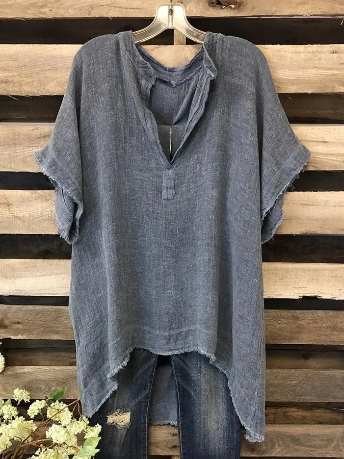 Dunnmall V Neck Plain Shift Short Sleeve Shirts & Tops