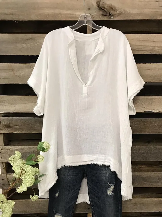 Dunnmall V Neck Plain Shift Short Sleeve Shirts & Tops