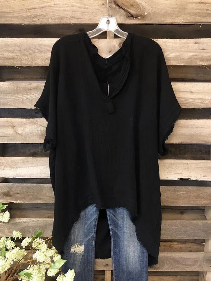 Dunnmall V Neck Plain Shift Short Sleeve Shirts & Tops