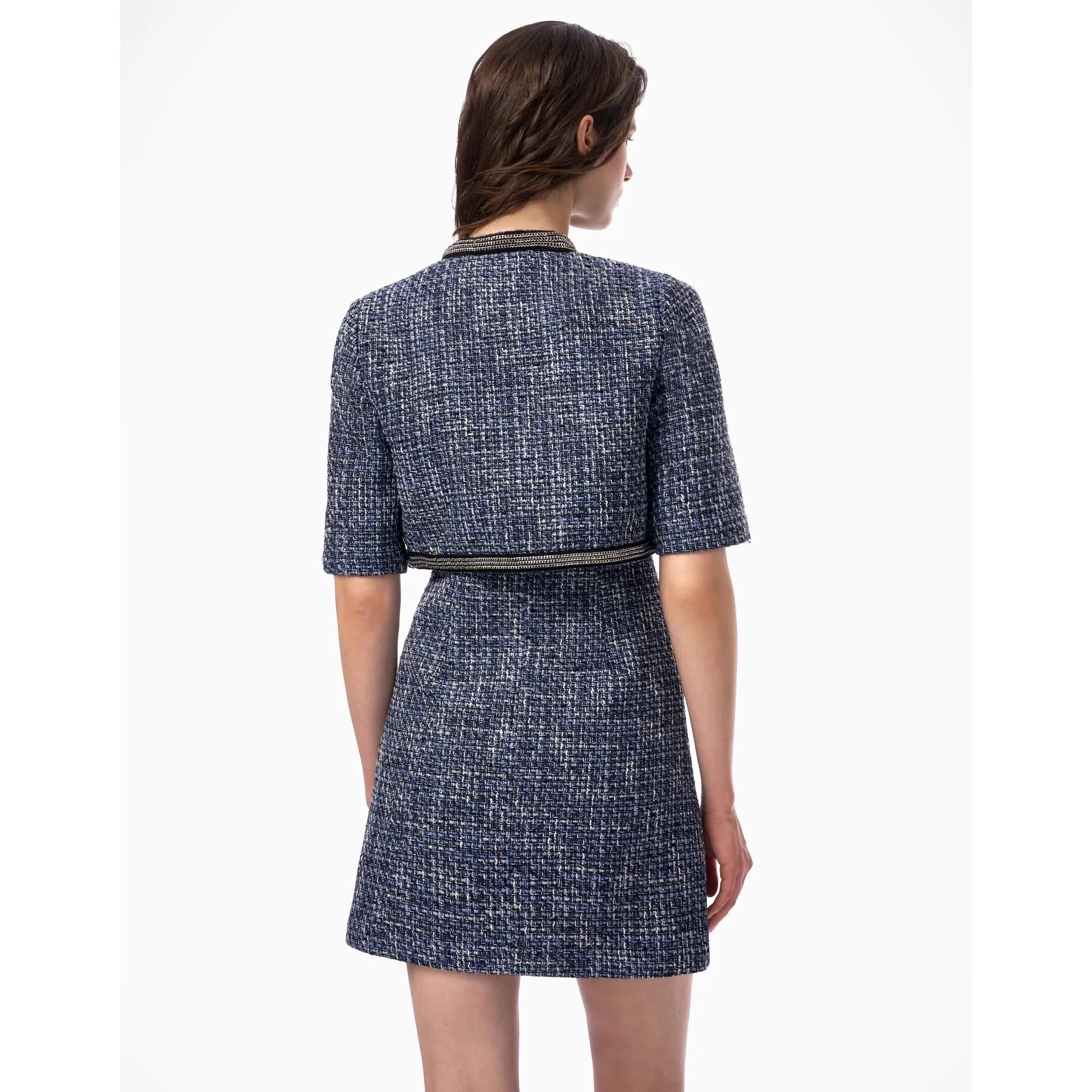 Embellished Trim Tweed Jacket - Blue