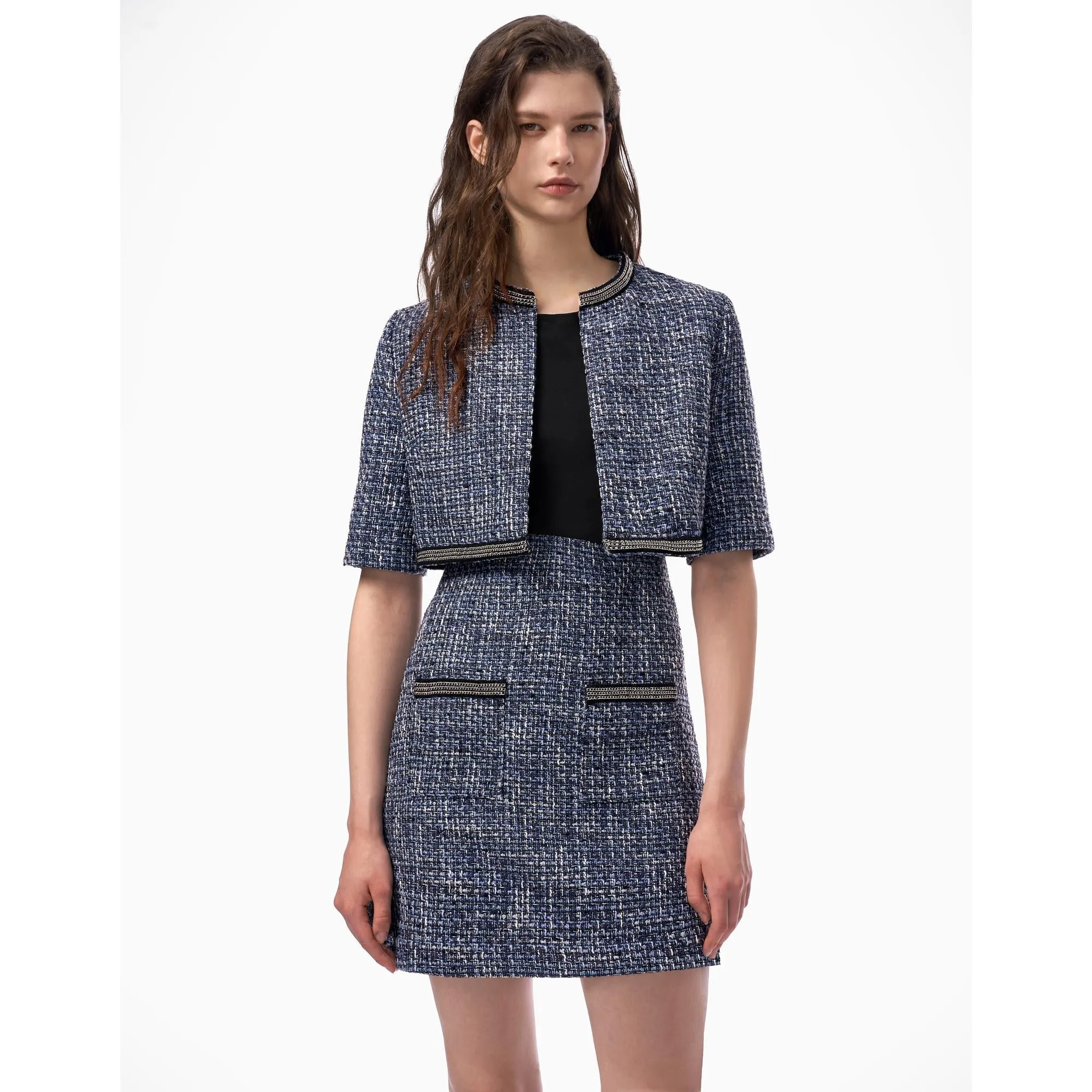 Embellished Trim Tweed Jacket - Blue
