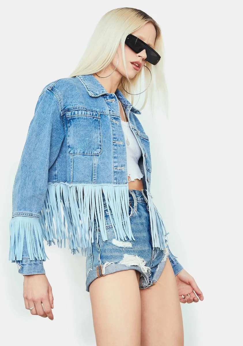 Getting There Fringe Cropped Jean Jacket