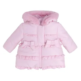 Girls bow and ruffle frilled quilted jacket with faux fur hood