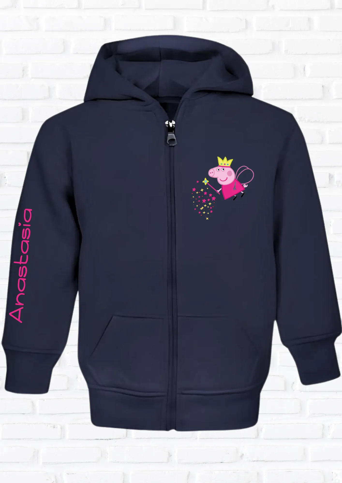 Girls Personalised Peppa Pig White Zip-up Hoodie Printed on Left Breast and Arm