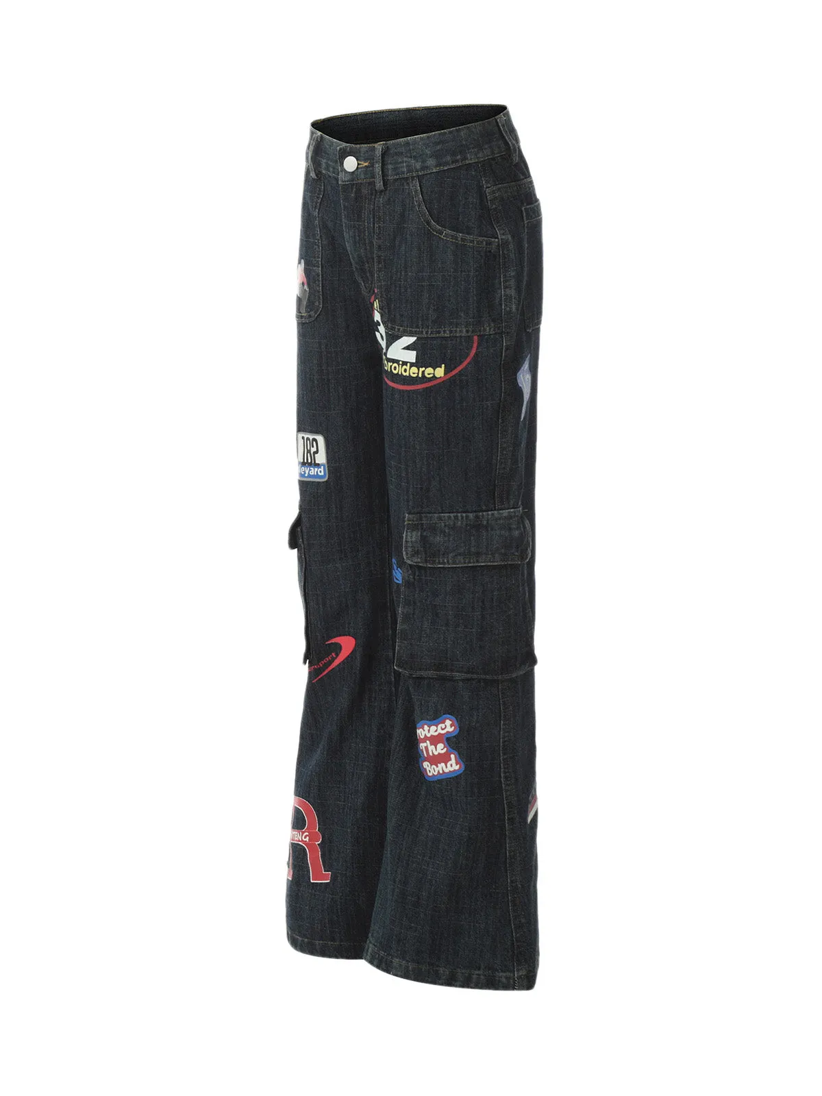 Graphic Multi Pocket Flare Jeans