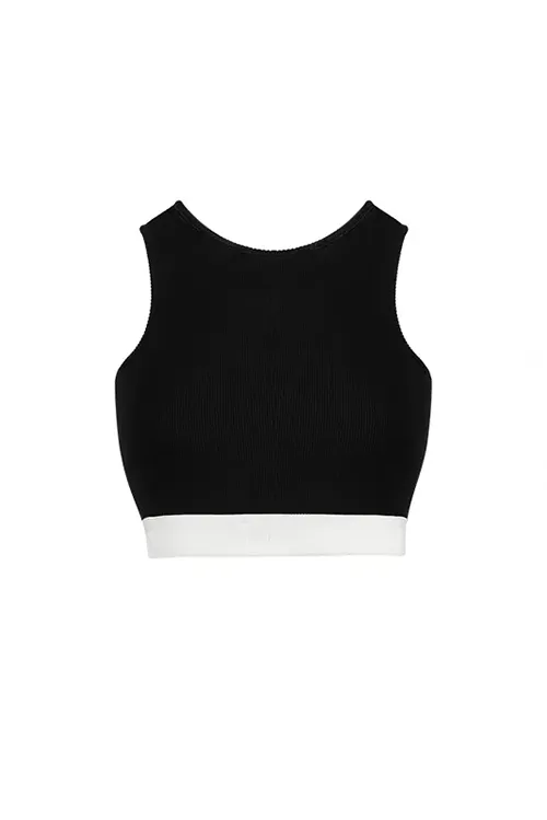 High Neck Black Tank Top with White Ribbed Trim