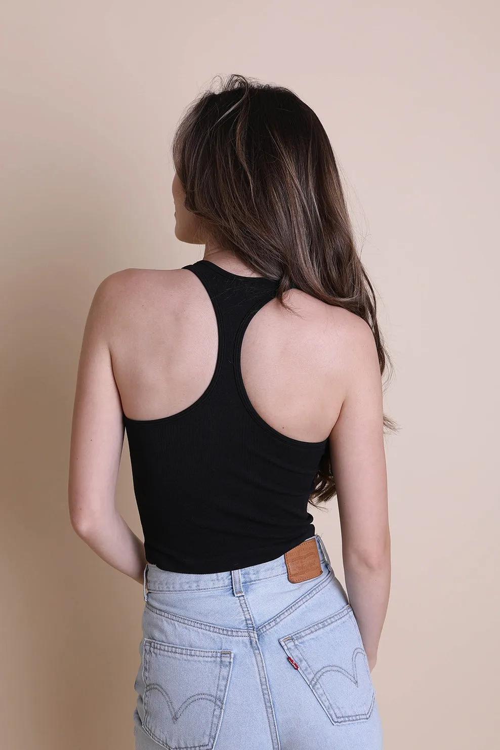 high neck ribbed crop - black