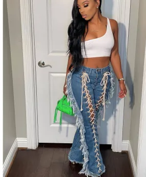 Hollow Out Lace Up Fashion Denim  Jeans