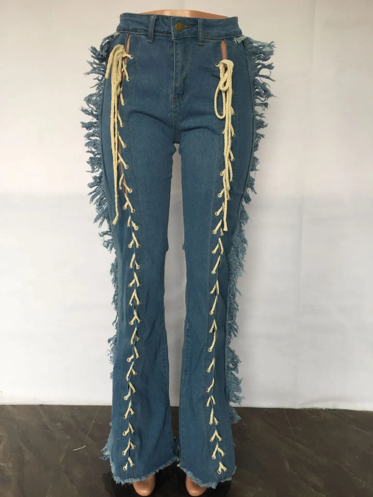 Hollow Out Lace Up Fashion Denim  Jeans