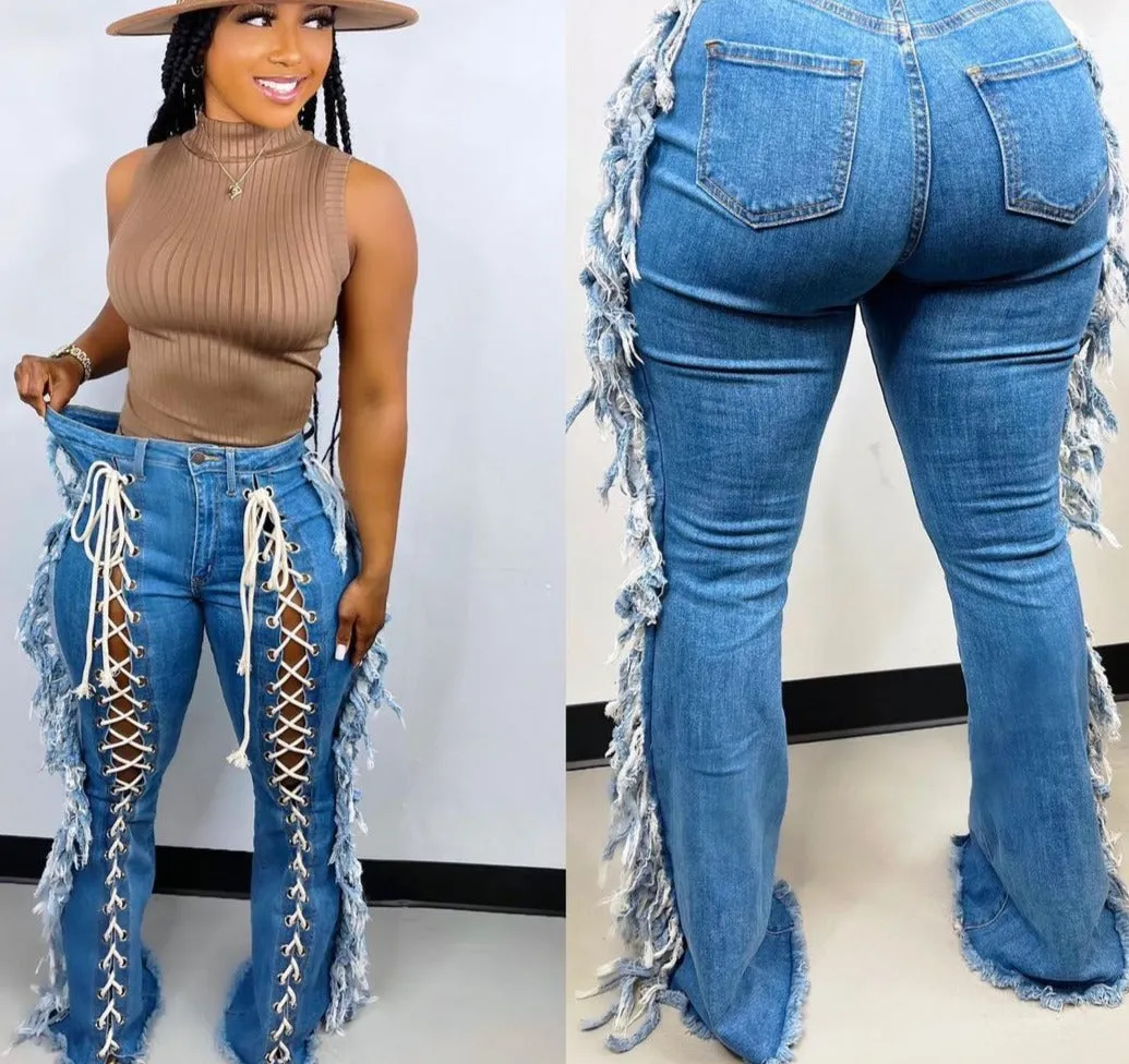 Hollow Out Lace Up Fashion Denim  Jeans