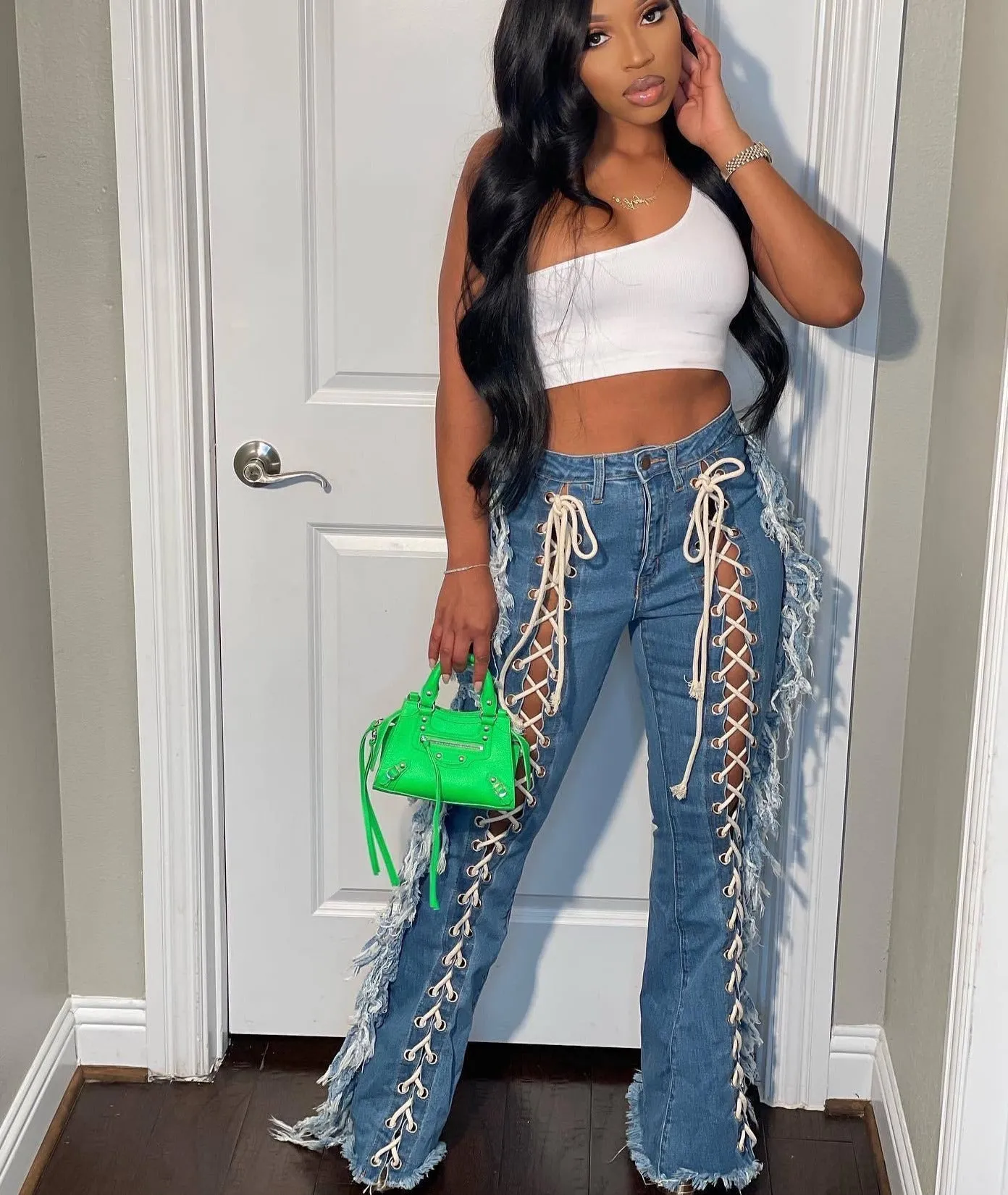 Hollow Out Lace Up Fashion Denim  Jeans