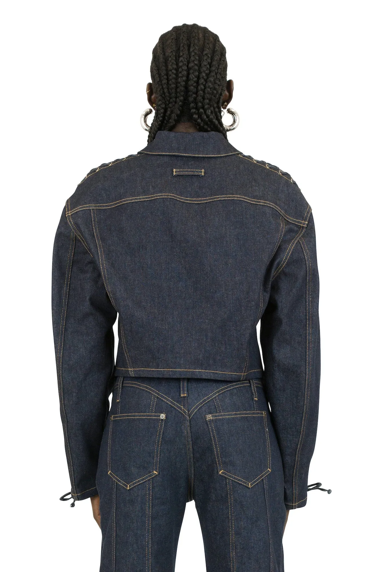Jean Paul Gaultier Oversize Cropped Denim Jacket with Laces and Top Stitches Details in Indigo