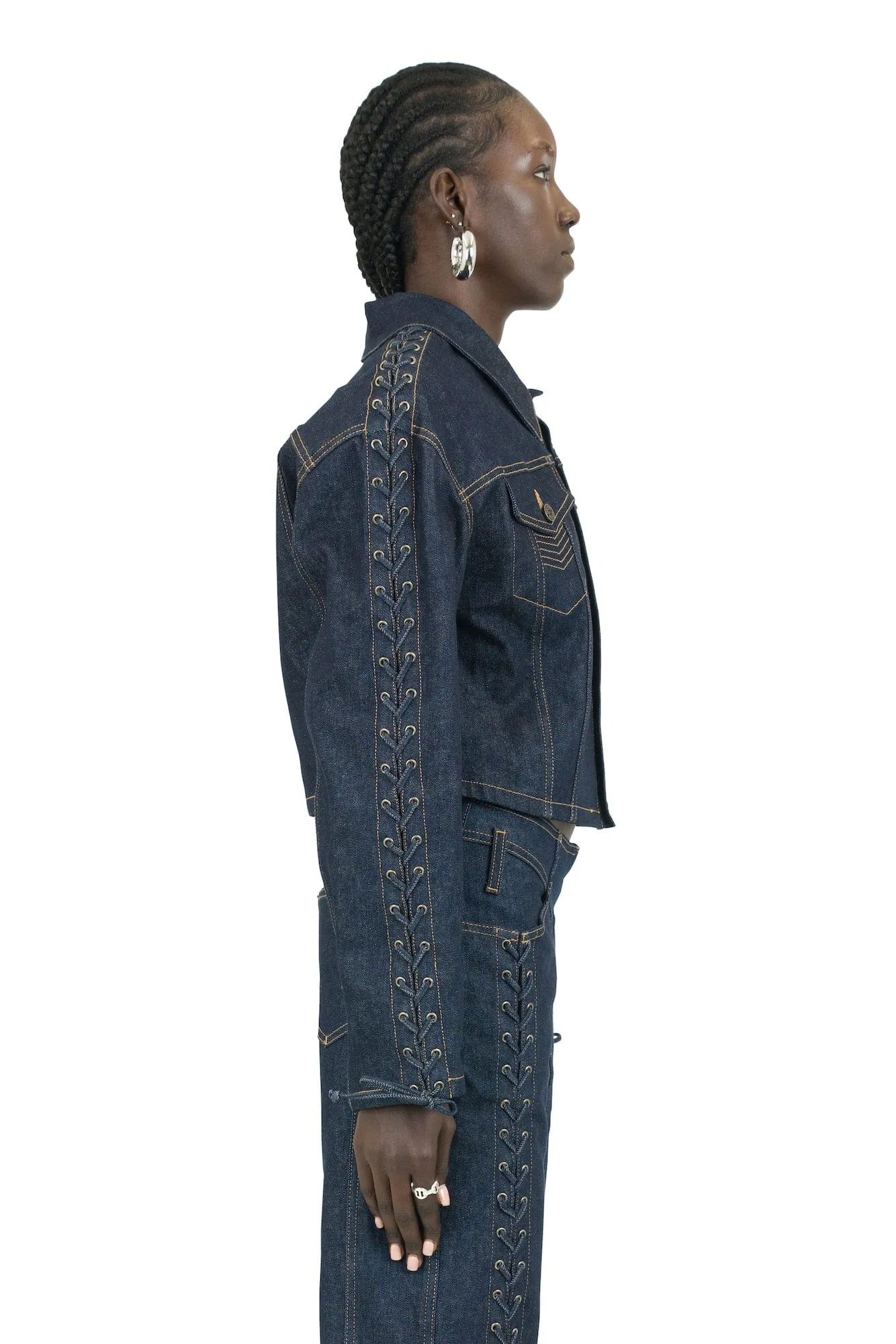 Jean Paul Gaultier Oversize Cropped Denim Jacket with Laces and Top Stitches Details in Indigo