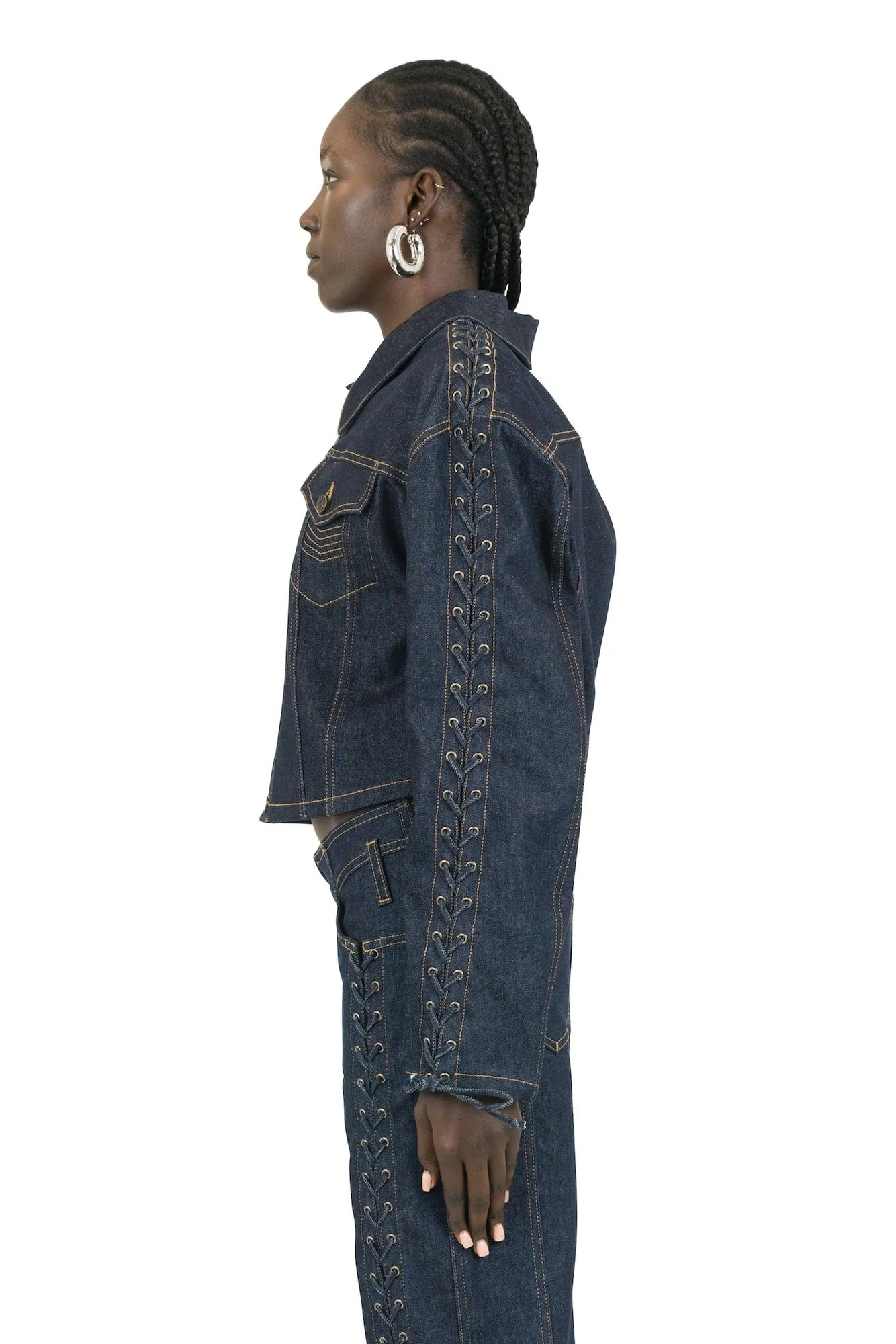 Jean Paul Gaultier Oversize Cropped Denim Jacket with Laces and Top Stitches Details in Indigo