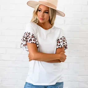 Leopard Ruffle Sleeve Top - White