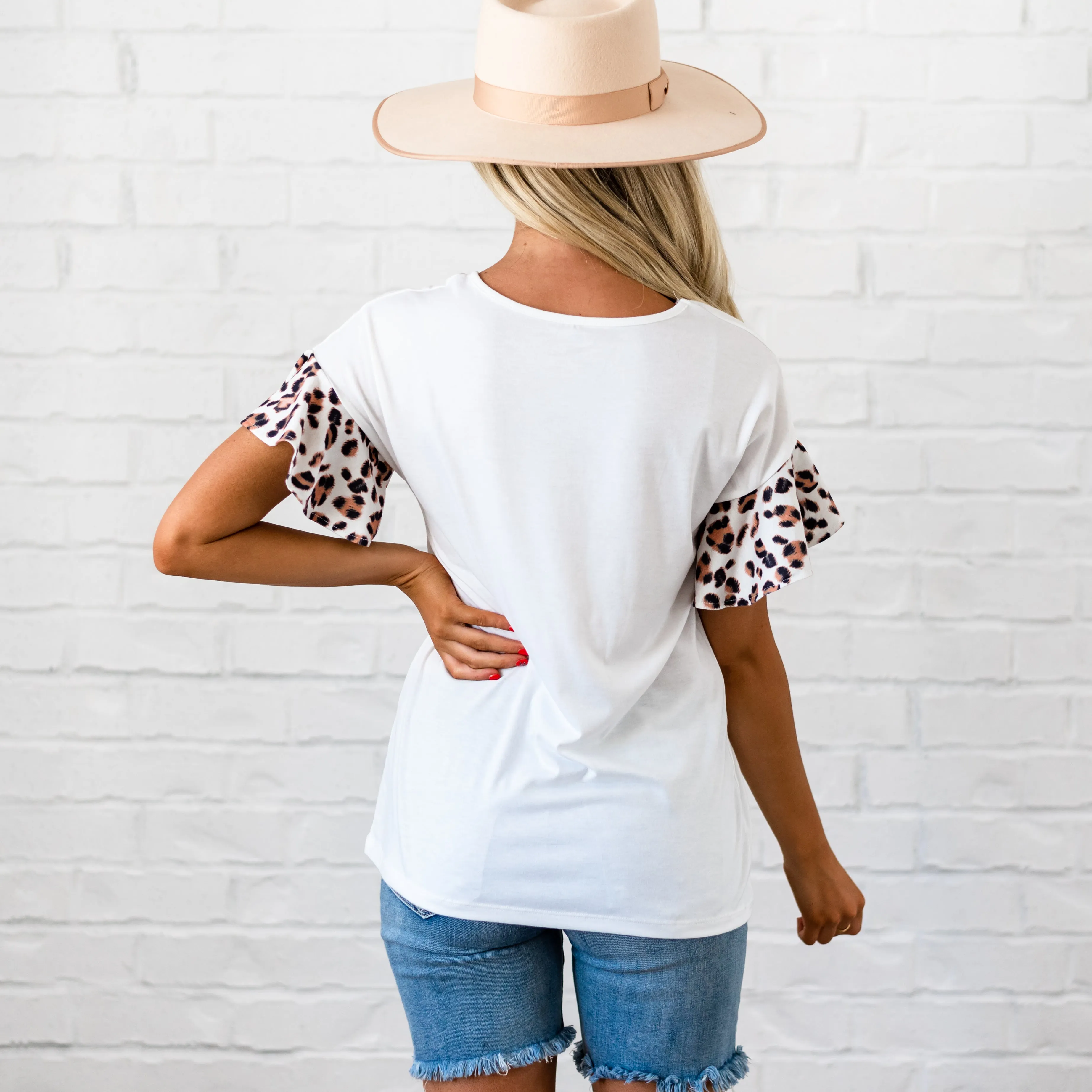 Leopard Ruffle Sleeve Top - White