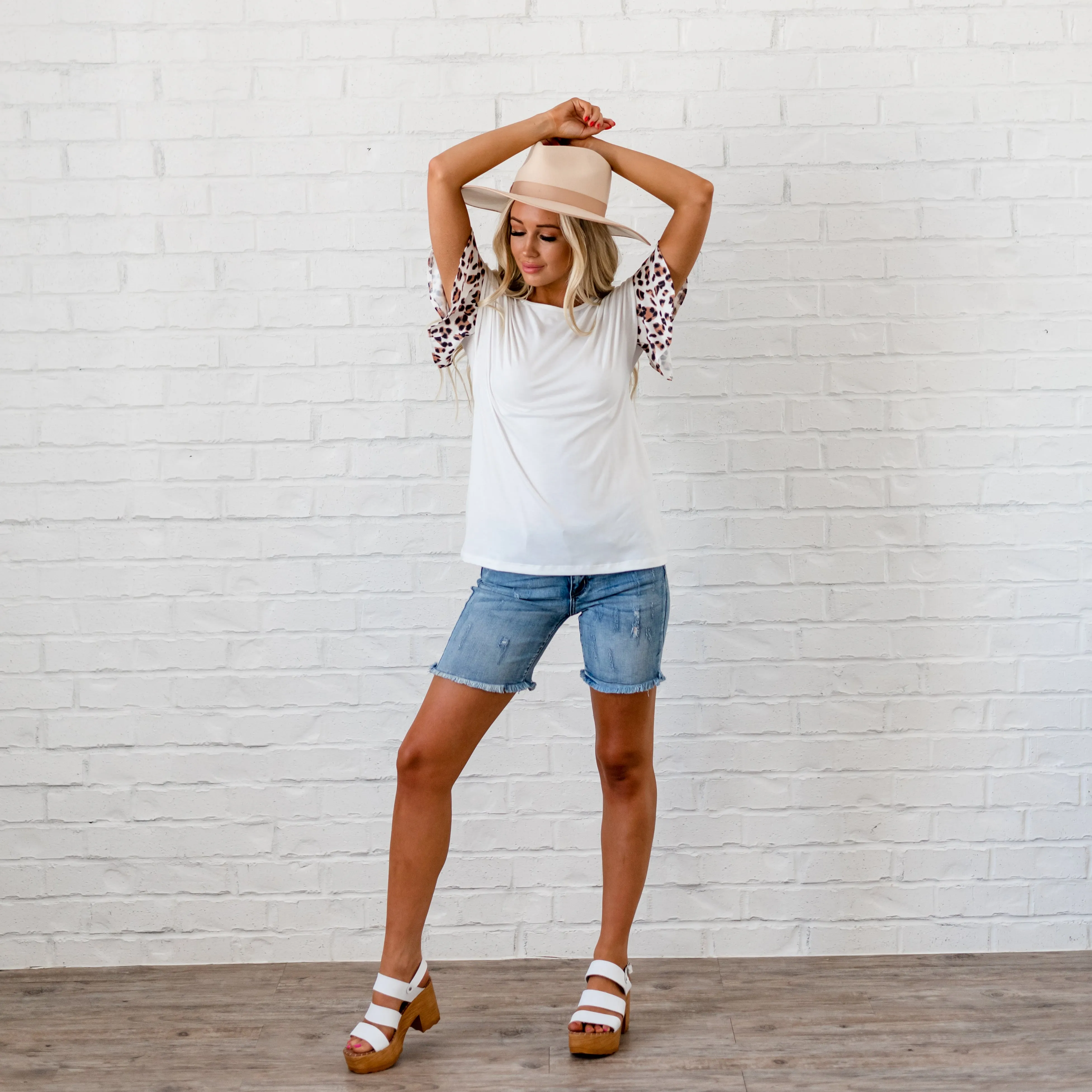 Leopard Ruffle Sleeve Top - White