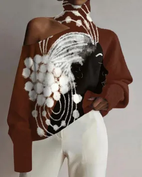 Line Art Negro Print Turtleneck Top