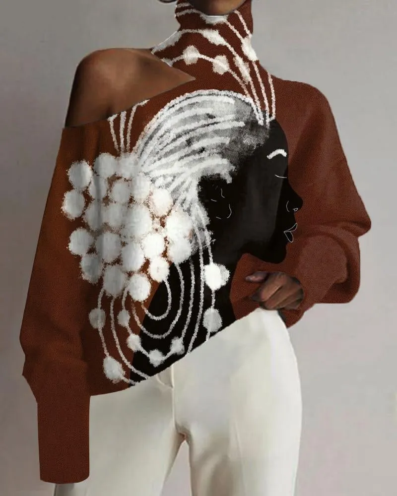 Line Art Negro Print Turtleneck Top