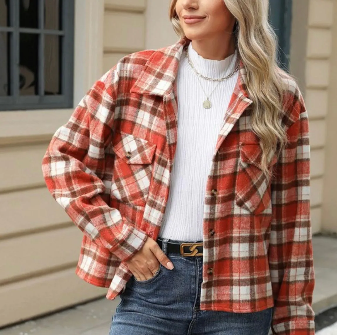 Long Sleeve Plaid  Wool Jacket