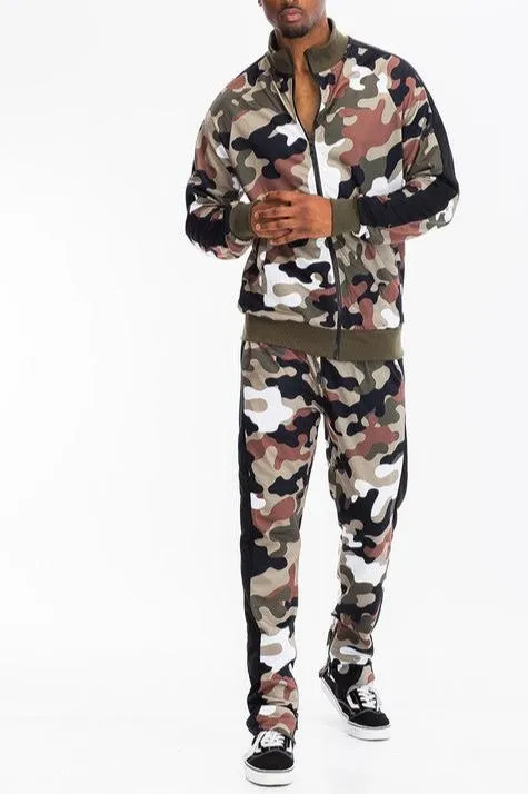Men's Full Camo With Stripe Jacket and Pants Set