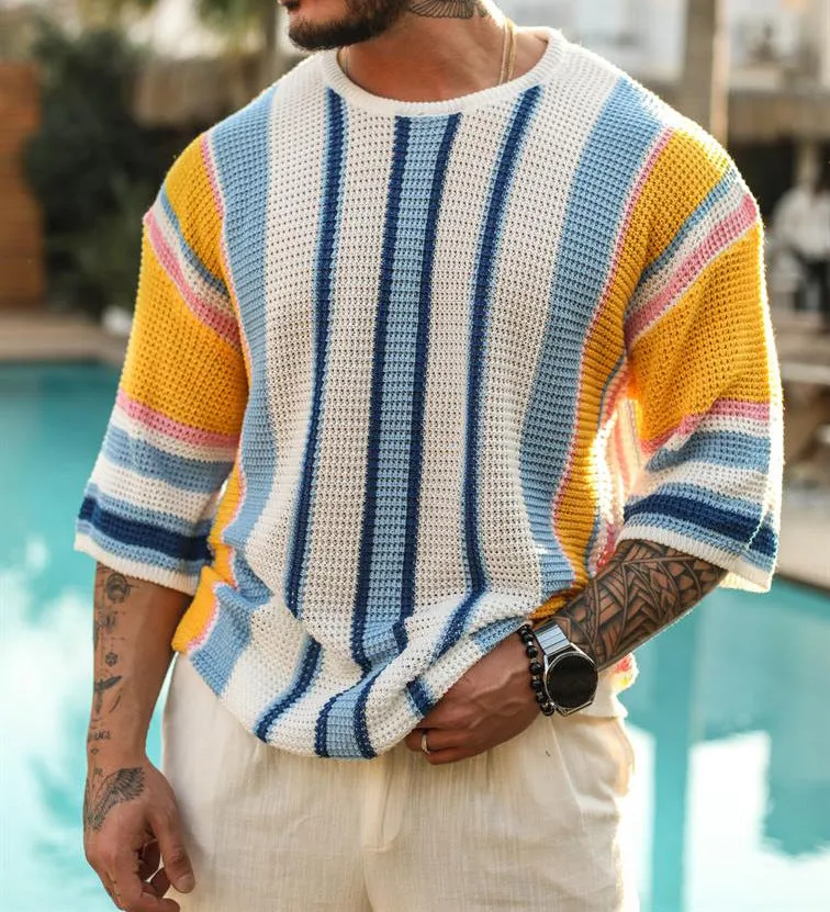 Men's Summer Leisure Half-Sleeve Striped Pullover