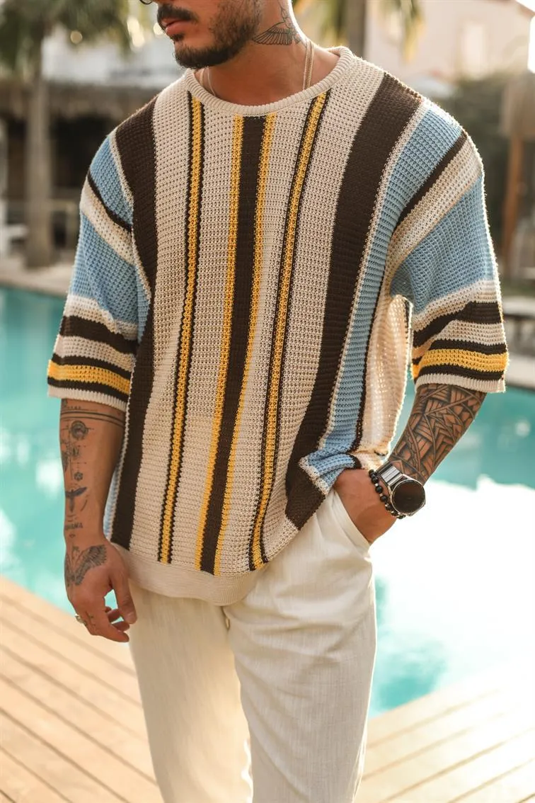 Men's Summer Leisure Half-Sleeve Striped Pullover