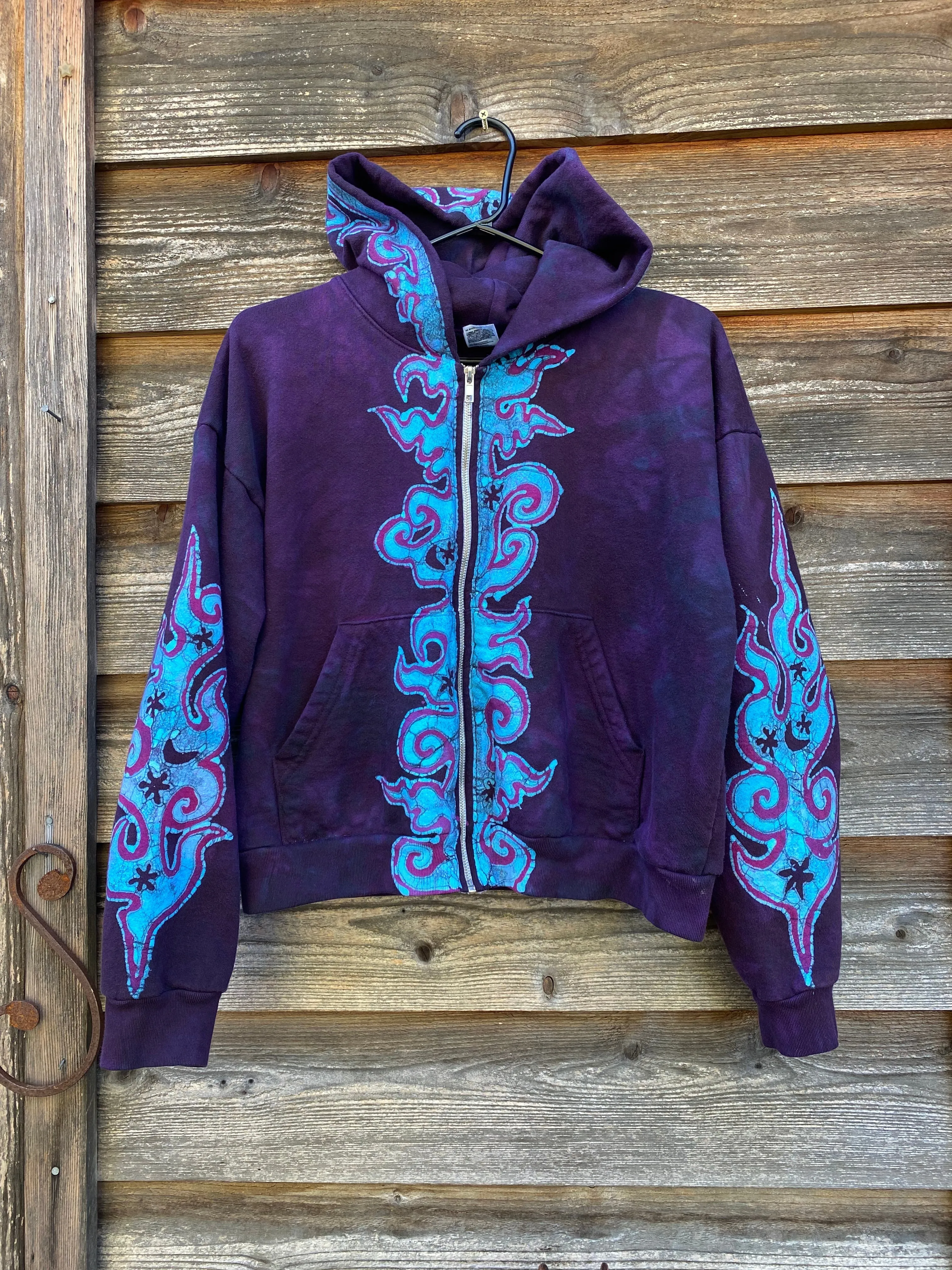 Midnight Purple with Turquoise Flames Handmade Batik Hoodie