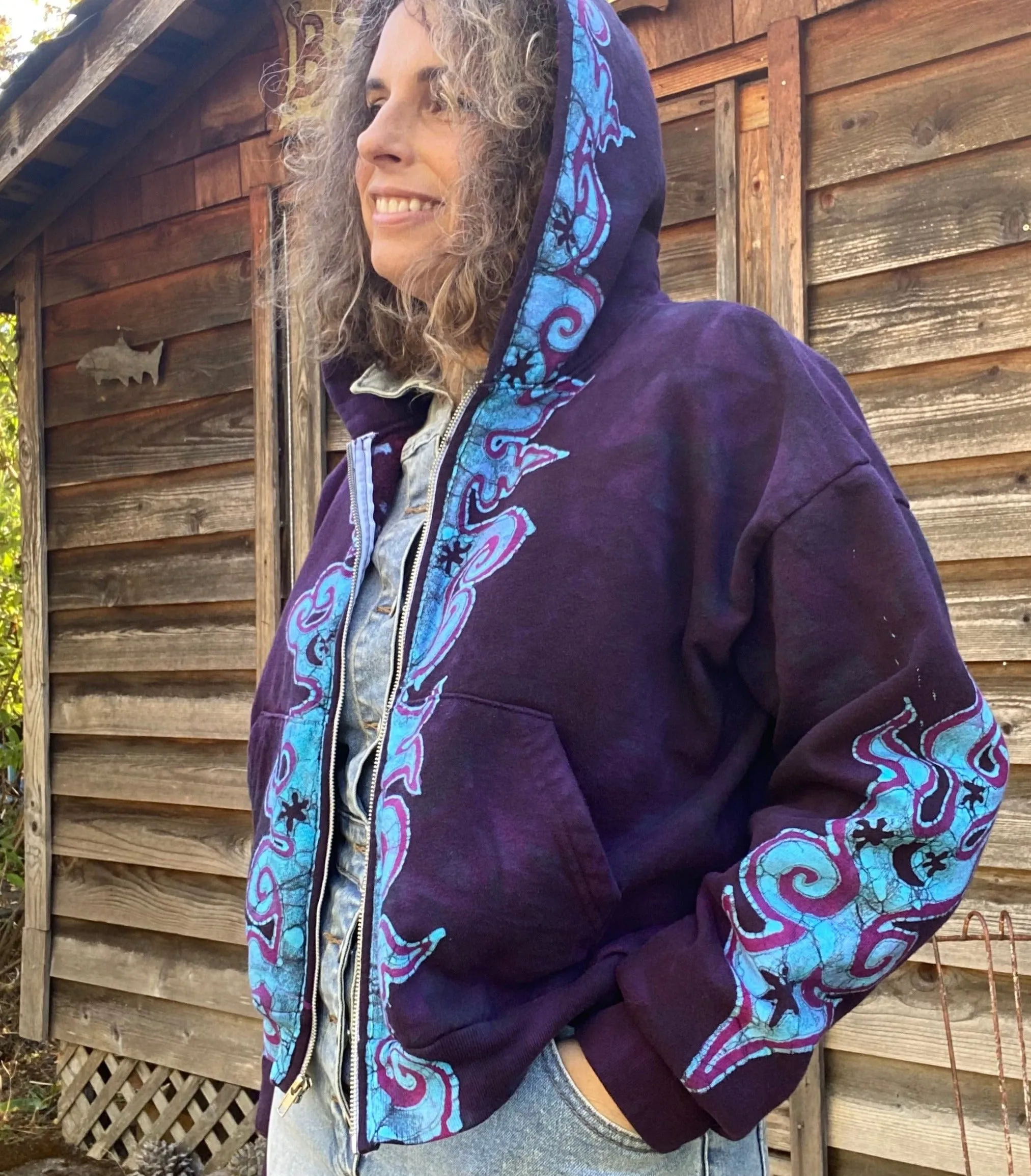 Midnight Purple with Turquoise Flames Handmade Batik Hoodie