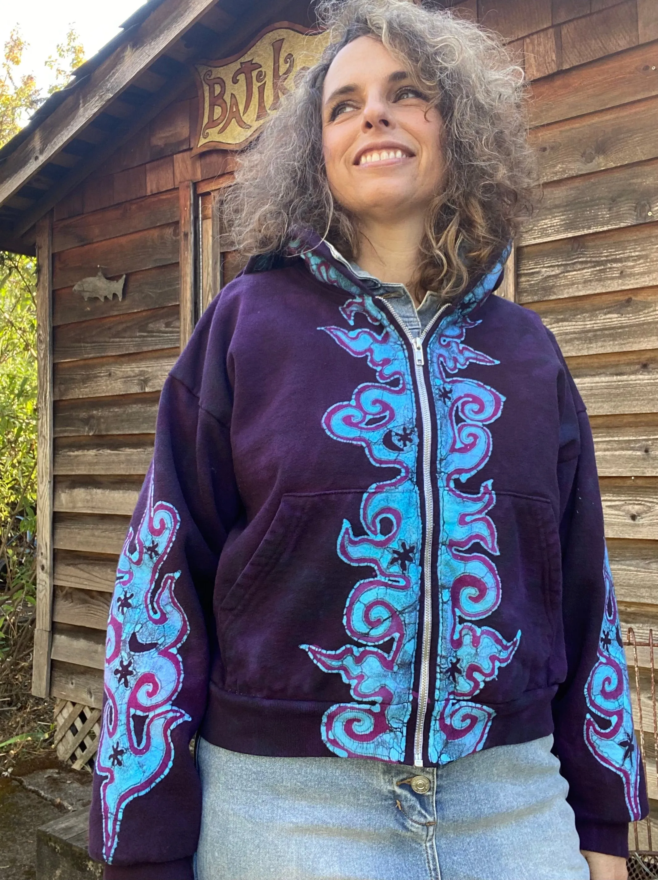 Midnight Purple with Turquoise Flames Handmade Batik Hoodie