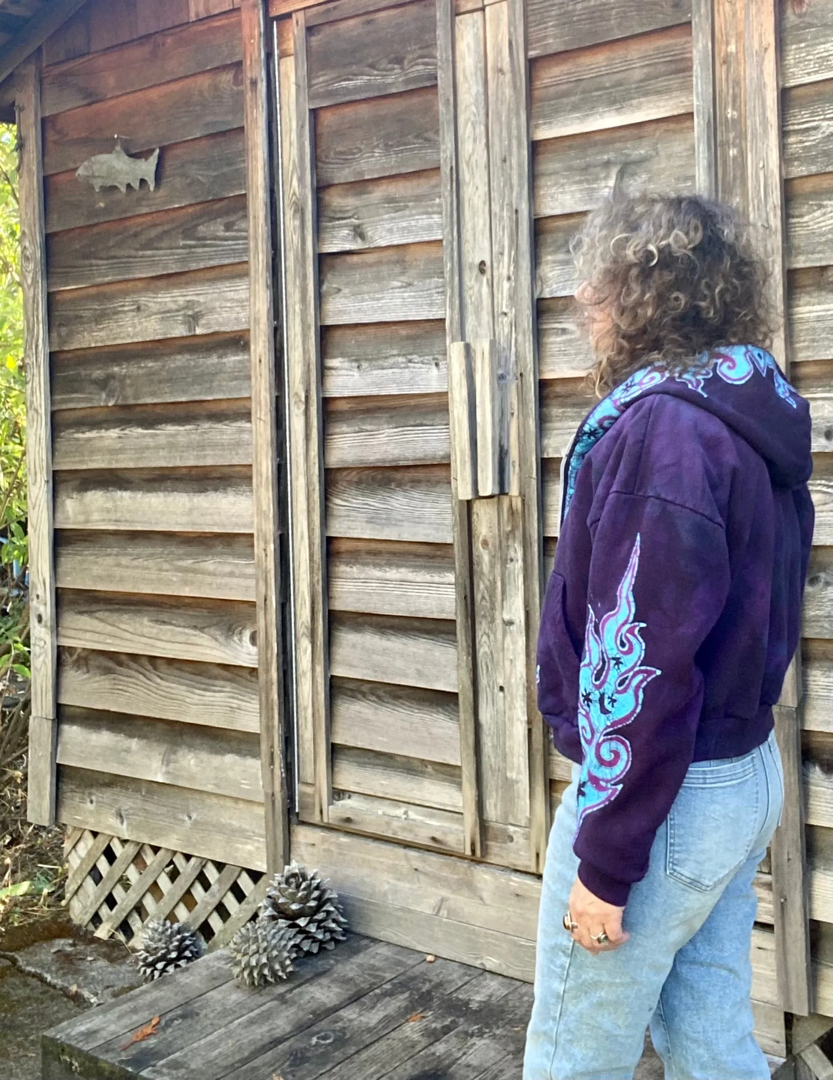 Midnight Purple with Turquoise Flames Handmade Batik Hoodie