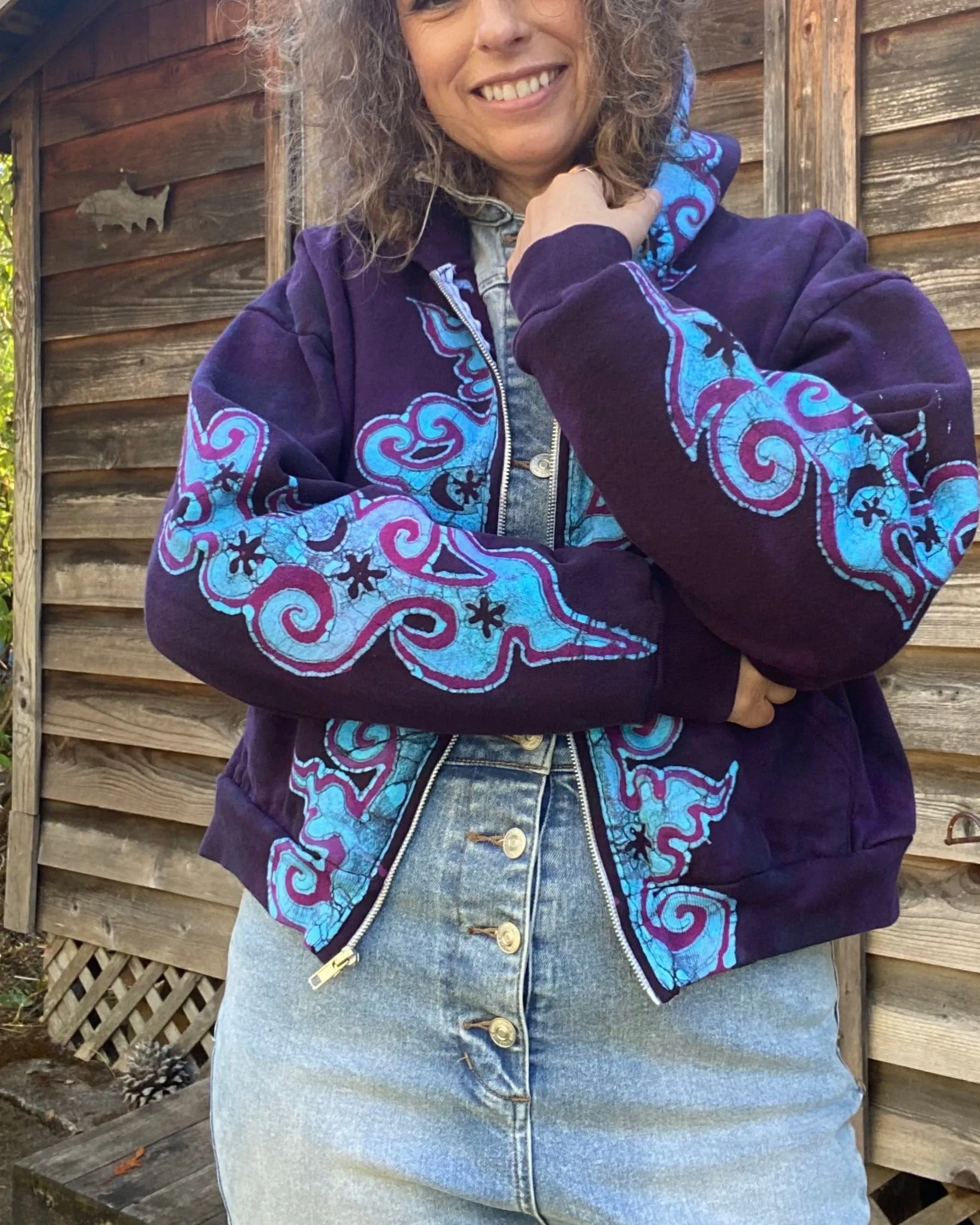 Midnight Purple with Turquoise Flames Handmade Batik Hoodie