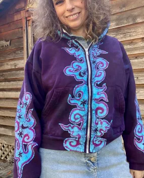 Midnight Purple with Turquoise Flames Handmade Batik Hoodie