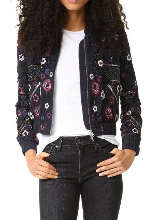 Needle and Thread Folk Bomber Jacket | Navy, Embroidered & Sequin Embellishment