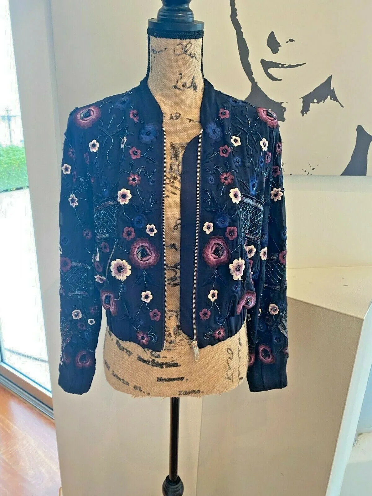 Needle and Thread Folk Bomber Jacket | Navy, Embroidered & Sequin Embellishment