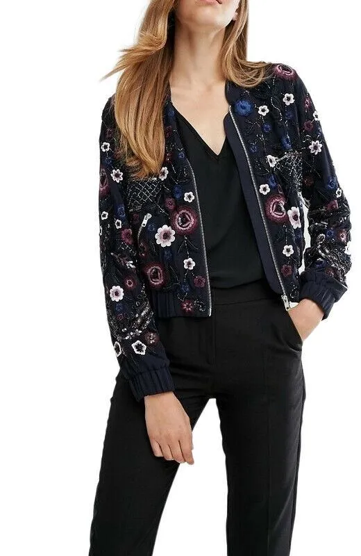 Needle and Thread Folk Bomber Jacket | Navy, Embroidered & Sequin Embellishment