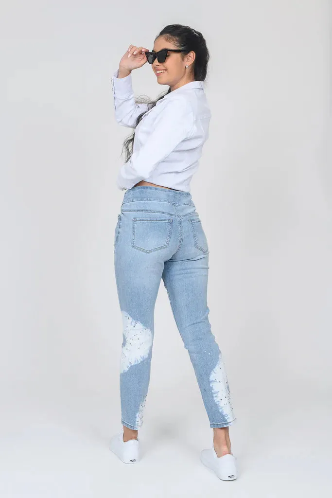Pull On Jeans Light Denim Color with Rhinestones & Tie Dye Circles