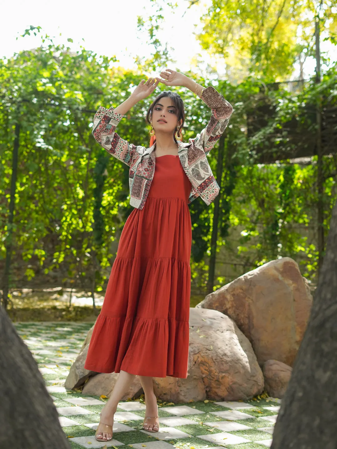 Pure Cotton Fit & Flare Midi Dress with Jacket