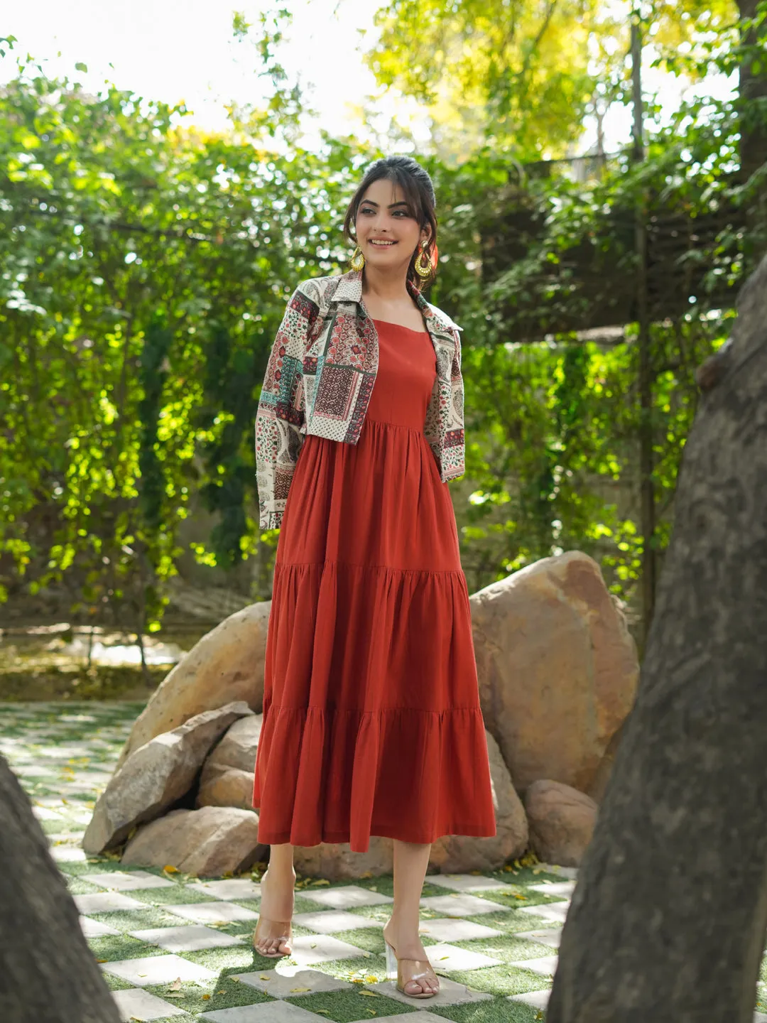 Pure Cotton Fit & Flare Midi Dress with Jacket